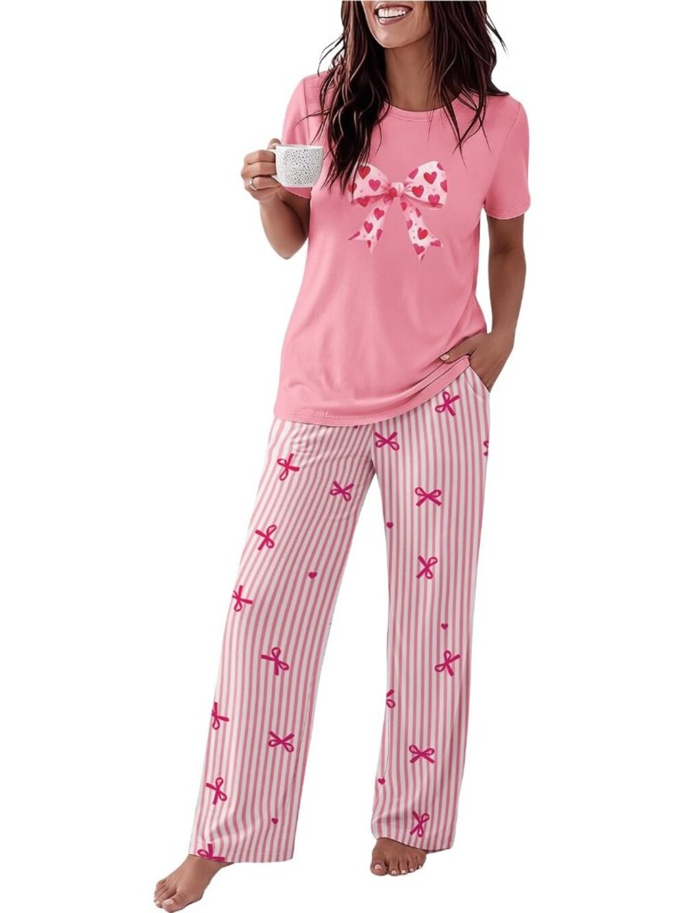 Women's Pink Round Neck Short Sleeve Sleepwear 2 Piece Pajama Set